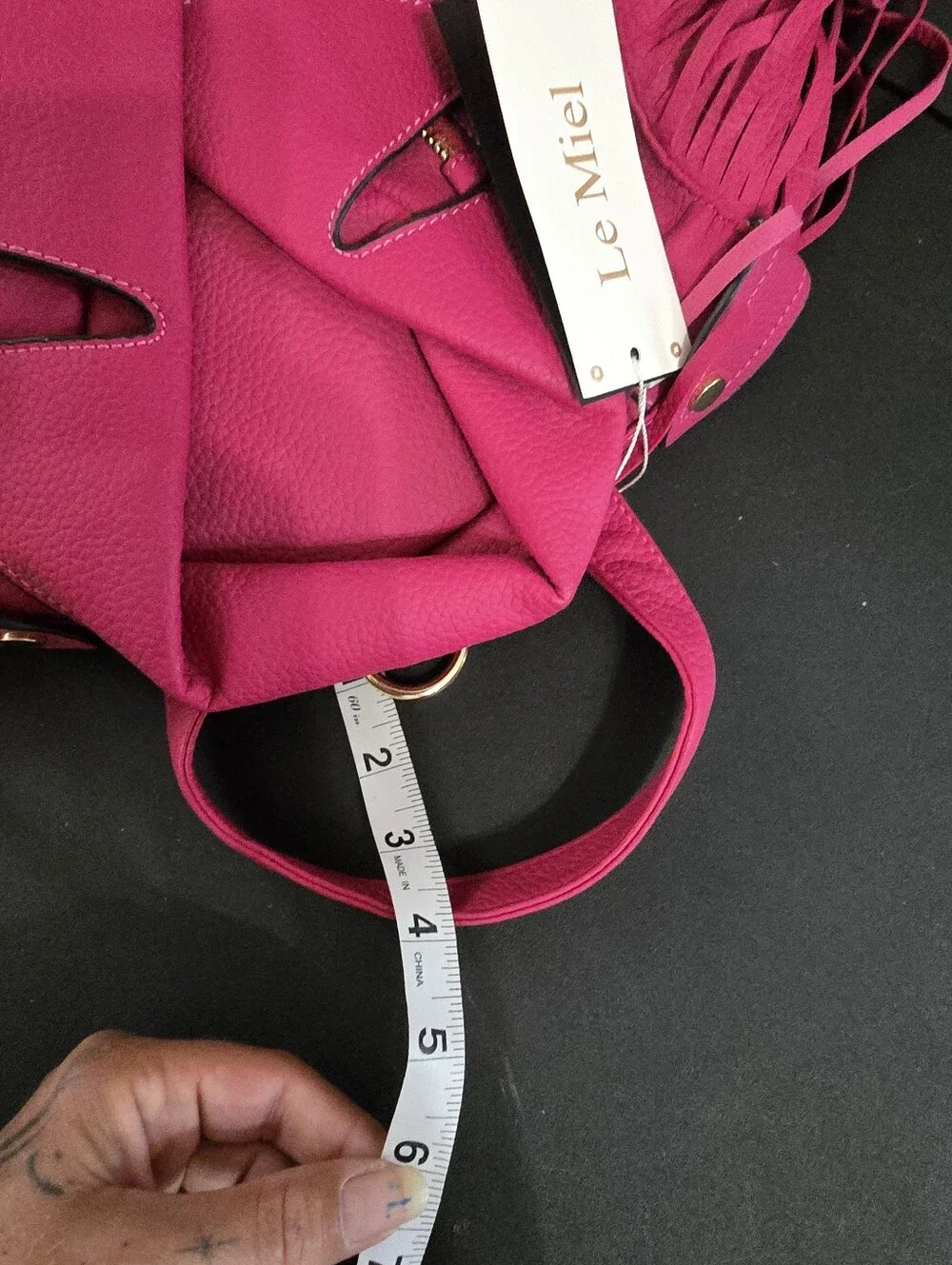 New LE Miel Vegan Hot Pink Fringe Moto Backpack Bag with Gold Hardware